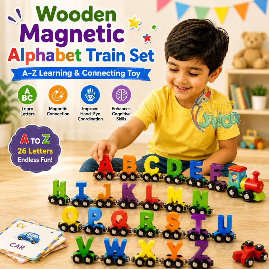 Tren magnetic alfabet A-Z din lemn — joc de conectare
