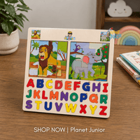 Puzzle glisant din lemn — alfabet și animale