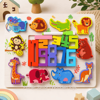 Tablă puzzle cifre 2-în-1 – animale și vehicule