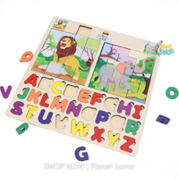 Puzzle glisant din lemn — alfabet și animale