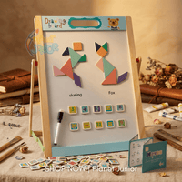 Tablă de desen din lemn cu puzzle Tangram și piese educative