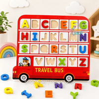 Tablă puzzle alfabet din lemn cu autobuz