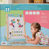 Tablă de desen din lemn cu puzzle Tangram și piese educative