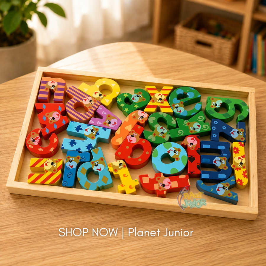 Puzzle șiretat din lemn — ursuleț cu alfabet