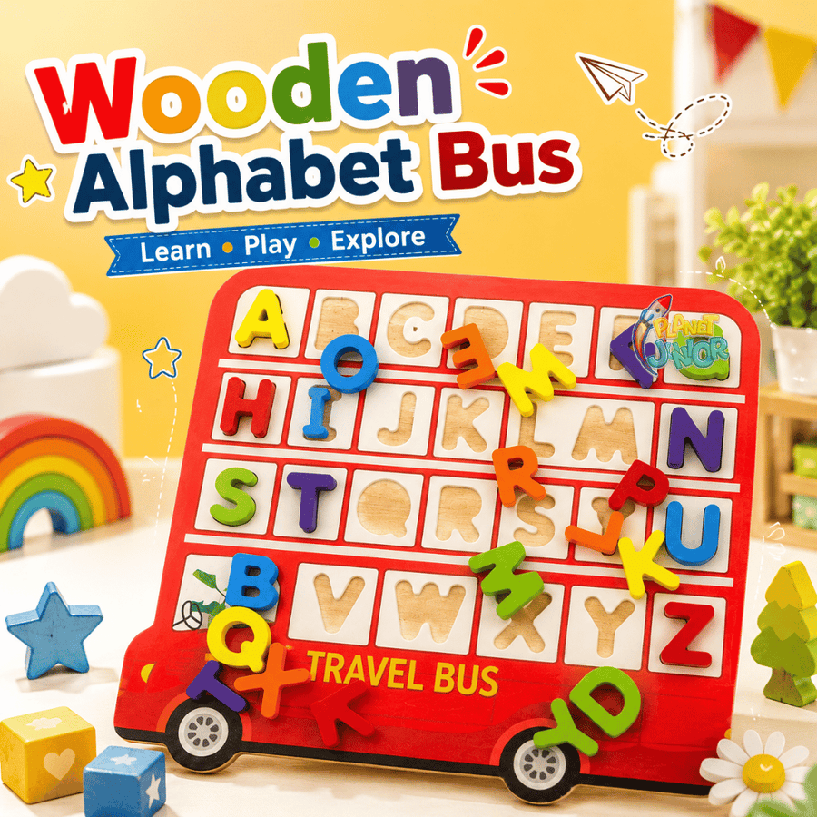 Tablă puzzle alfabet din lemn cu autobuz