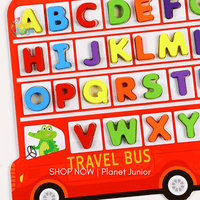 Tablă puzzle alfabet din lemn cu autobuz