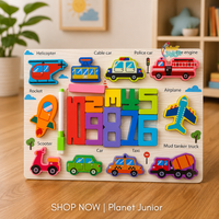 Tablă puzzle cifre 2-în-1 – animale și vehicule