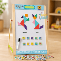 Tablă de desen din lemn cu puzzle Tangram și piese educative