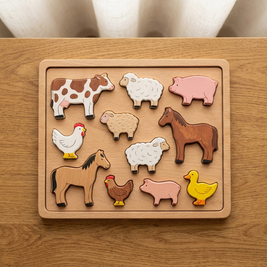 Puzzle din lemn cu 12 piese, animale de fermă